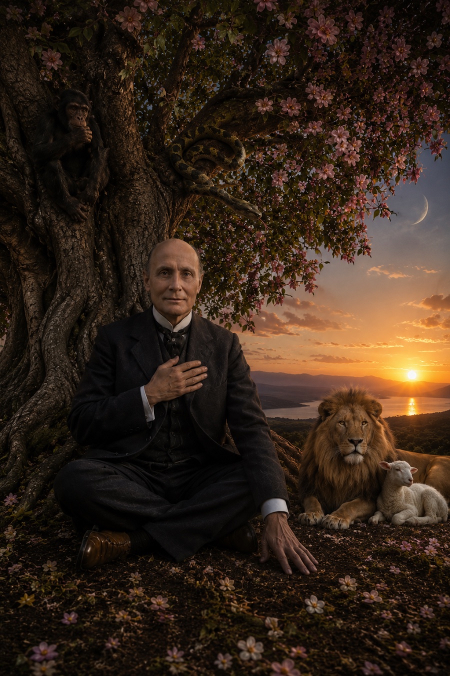 Whitehead beneath the tree of life at sunset, reconciling the opposites